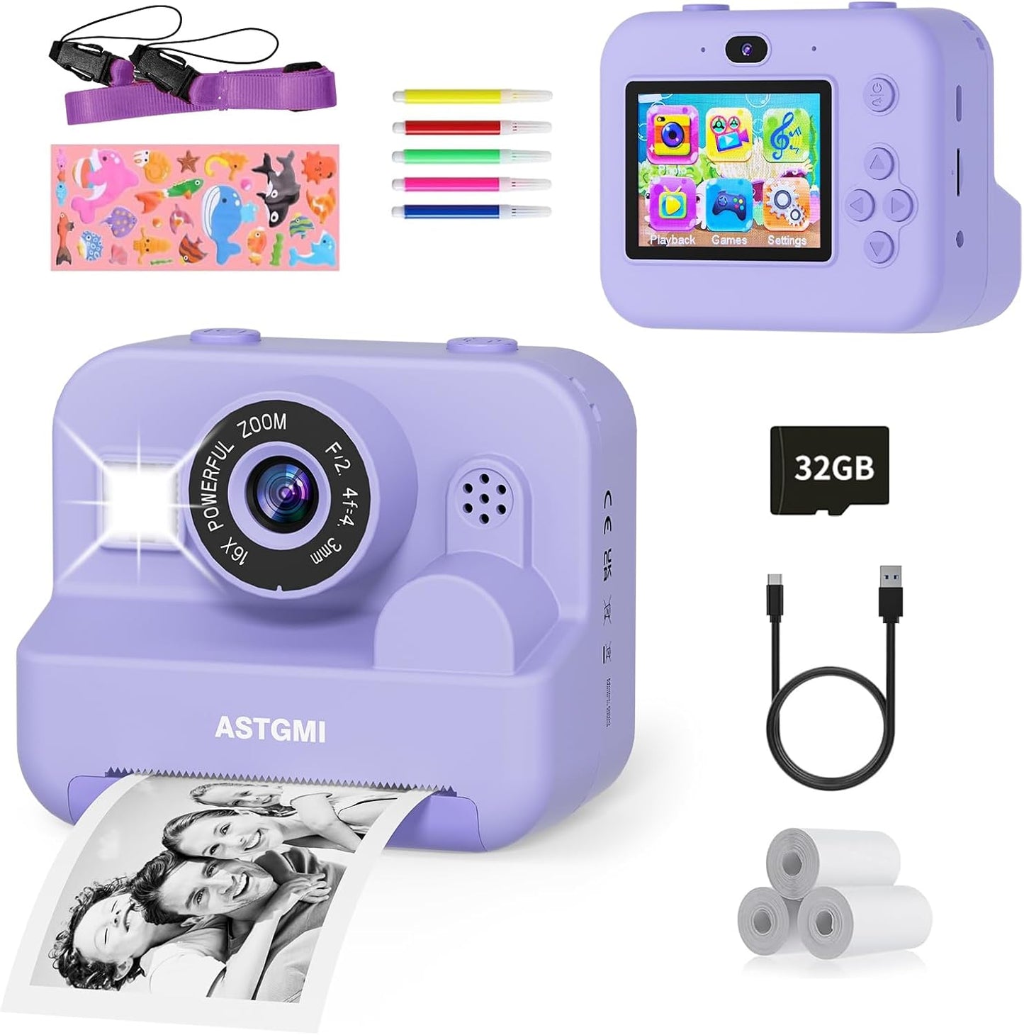 Kids Instant Print Selfie Camera for Girls,1080P HD Digital Camera for Kids with Print Paper & 32GB Card, Christmas Birthday Gifts Kids Toys for 3-12 Years Old