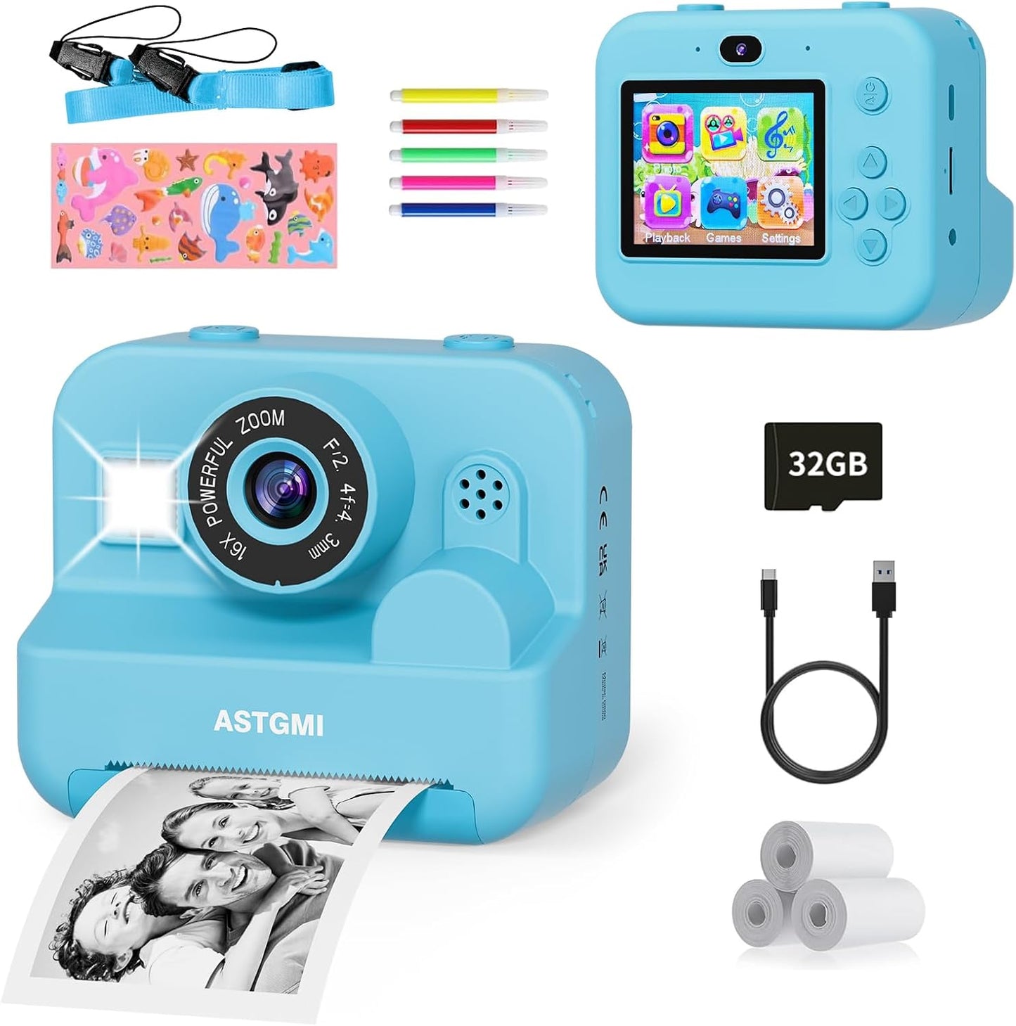 Kids Instant Print Selfie Camera for Girls,1080P HD Digital Camera for Kids with Print Paper & 32GB Card, Christmas Birthday Gifts Kids Toys for 3-12 Years Old