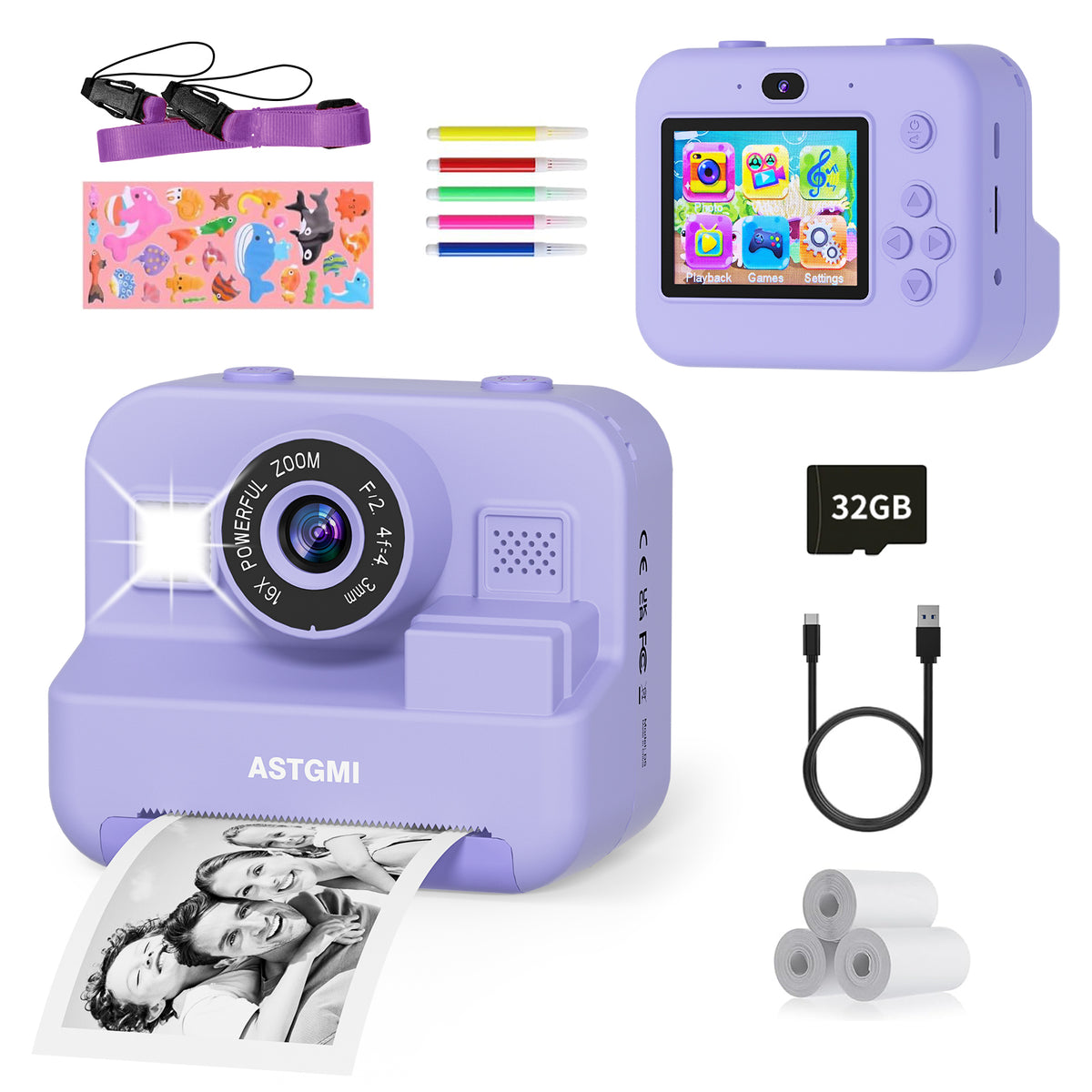 ASTGMI Children's Instant Camera, 2.4 Inch 1080P Children's Selfie Camera with Printing Paper and 32GB Card, Toy Christmas Gift Child and Girl 3 4 5 6 7 8 Years (Purple)