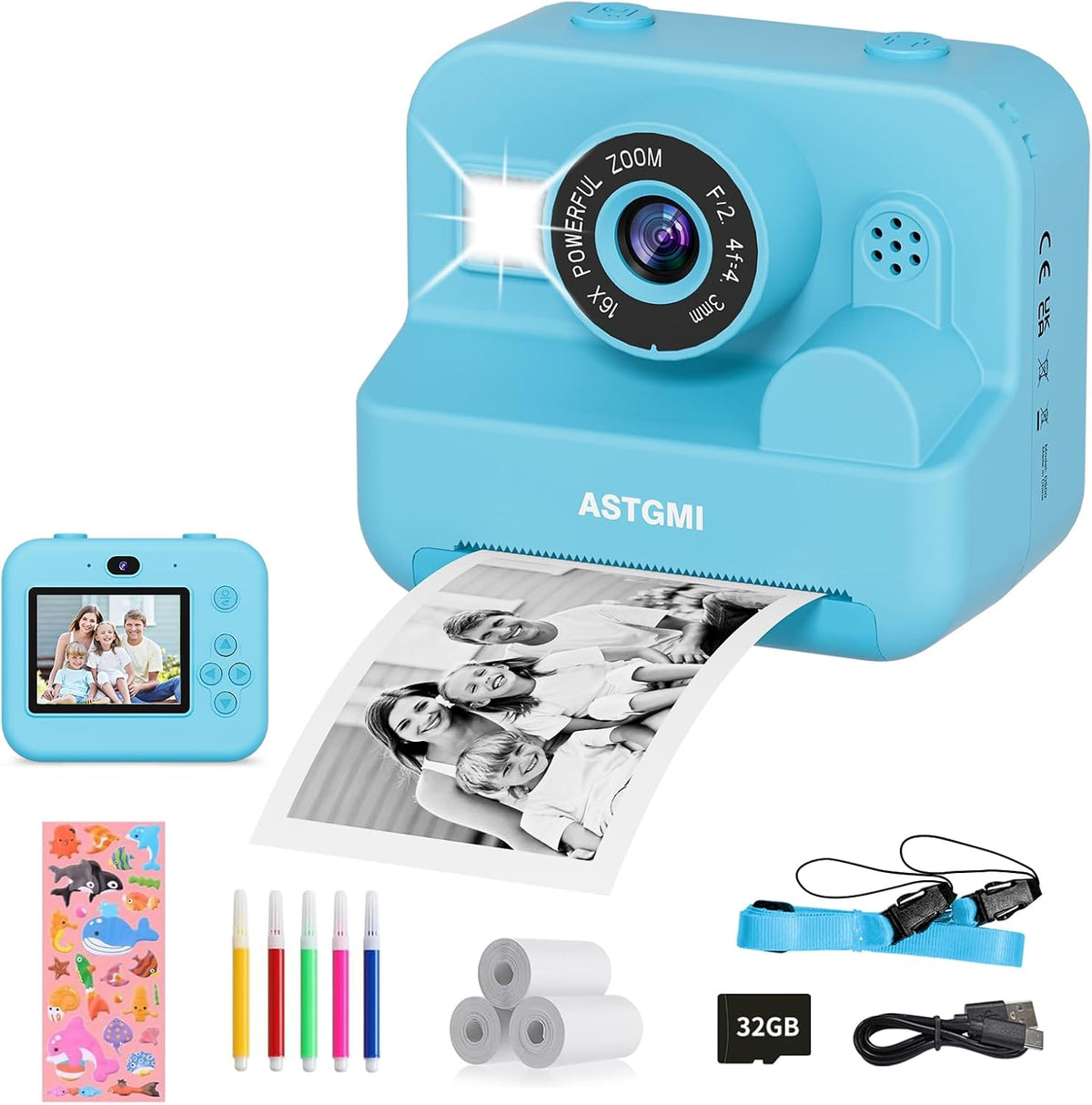 ASTGMI Children's Instant Camera, 2.4 Inch 1080P Children's Selfie Camera with Printing Paper and 32GB Card, Toy Christmas Gift Child and Girl 3 4 5 6 7 8 Years (Blue)