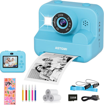 ASTGMI Children's Instant Camera, 2.4 Inch 1080P Children's Selfie Camera with Printing Paper and 32GB Card, Toy Christmas Gift Child and Girl 3 4 5 6 7 8 Years (Blue)