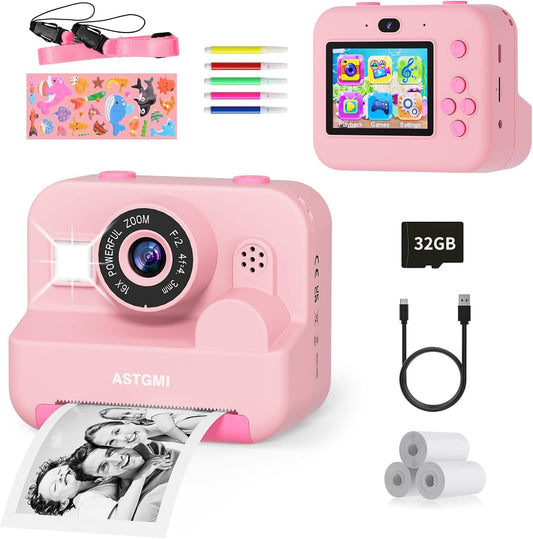 ASTGMI Children's Instant Camera, 2.4 Inch 1080P Children's Selfie Camera with Printing Paper and 32GB Card, Toy Christmas Gift Child and Girl 3 4 5 6 7 8 Years (Pink)
