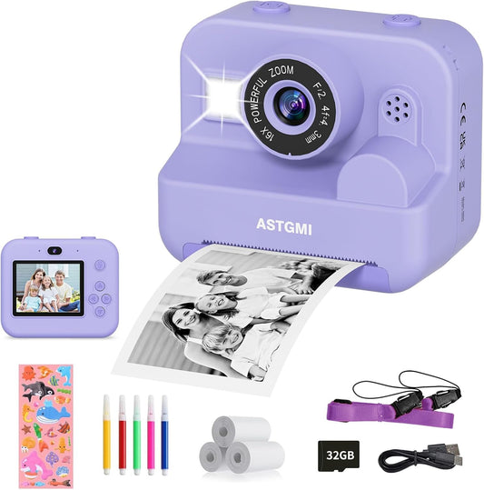 ASTGMI Children's Instant Camera, 2.4 Inch 1080P Children's Selfie Camera with Printing Paper and 32GB Card, Toy Christmas Gift Child and Girl 3 4 5 6 7 8 Years (Purple)