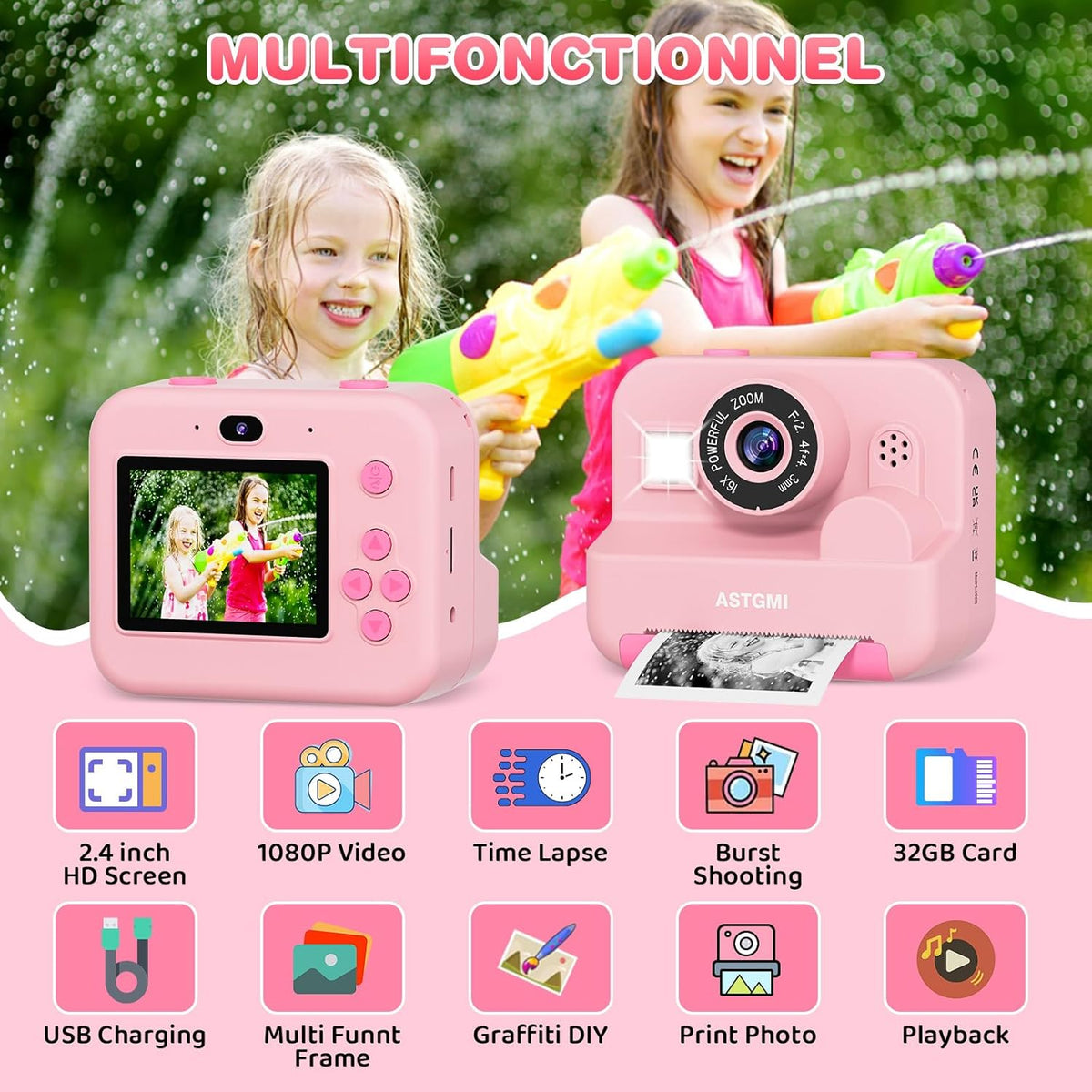 ASTGMI Children's Instant Camera, 2.4 Inch 1080P Children's Selfie Camera with Printing Paper and 32GB Card, Toy Christmas Gift Child and Girl 3 4 5 6 7 8 Years (Pink)