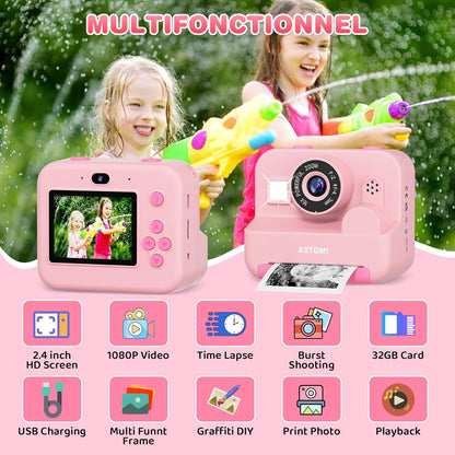 ASTGMI Children's Instant Camera, 2.4 Inch 1080P Children's Selfie Camera with Printing Paper and 32GB Card, Toy Christmas Gift Child and Girl 3 4 5 6 7 8 Years (Pink)