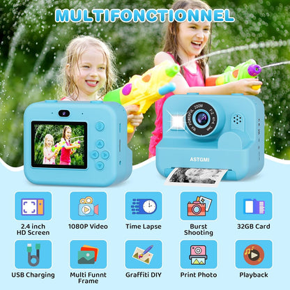 ASTGMI Children's Instant Camera, 2.4 Inch 1080P Children's Selfie Camera with Printing Paper and 32GB Card, Toy Christmas Gift Child and Girl 3 4 5 6 7 8 Years (Blue)