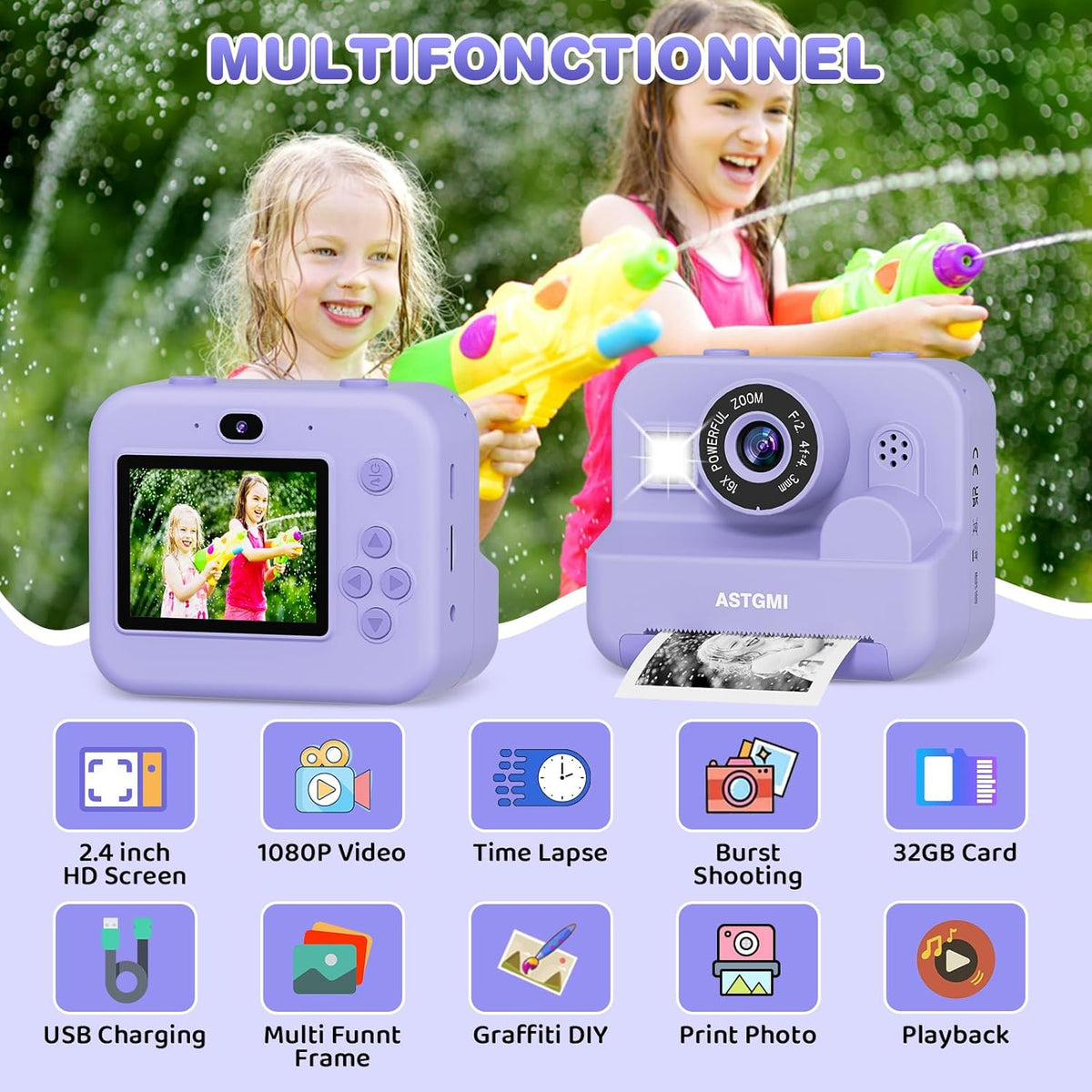ASTGMI Children's Instant Camera, 2.4 Inch 1080P Children's Selfie Camera with Printing Paper and 32GB Card, Toy Christmas Gift Child and Girl 3 4 5 6 7 8 Years (Purple)