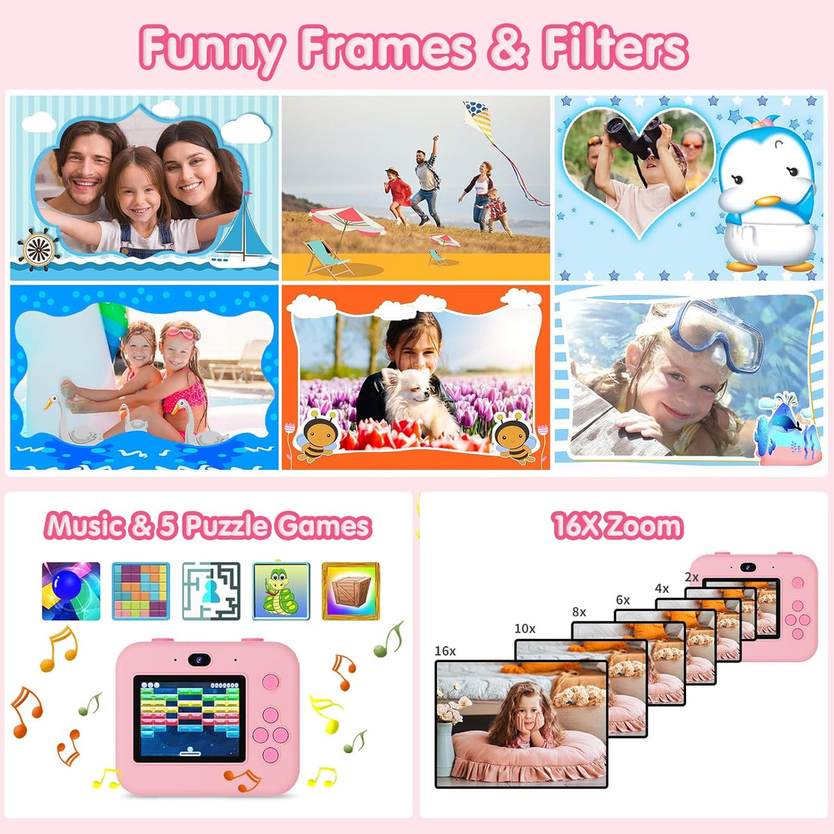 ASTGMI Children's Instant Camera, 2.4 Inch 1080P Children's Selfie Camera with Printing Paper and 32GB Card, Toy Christmas Gift Child and Girl 3 4 5 6 7 8 Years (Pink)