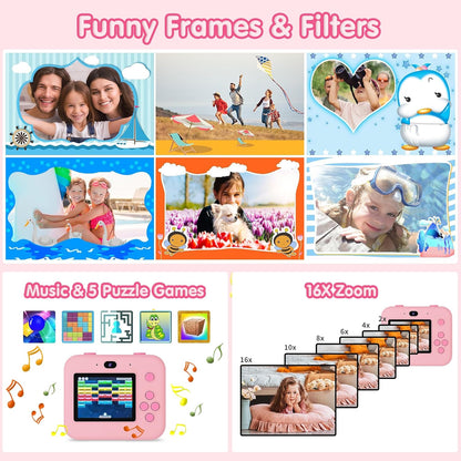 ASTGMI Children's Instant Camera, 2.4 Inch 1080P Children's Selfie Camera with Printing Paper and 32GB Card, Toy Christmas Gift Child and Girl 3 4 5 6 7 8 Years (Pink)