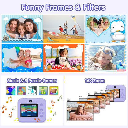 ASTGMI Children's Instant Camera, 2.4 Inch 1080P Children's Selfie Camera with Printing Paper and 32GB Card, Toy Christmas Gift Child and Girl 3 4 5 6 7 8 Years (Purple)