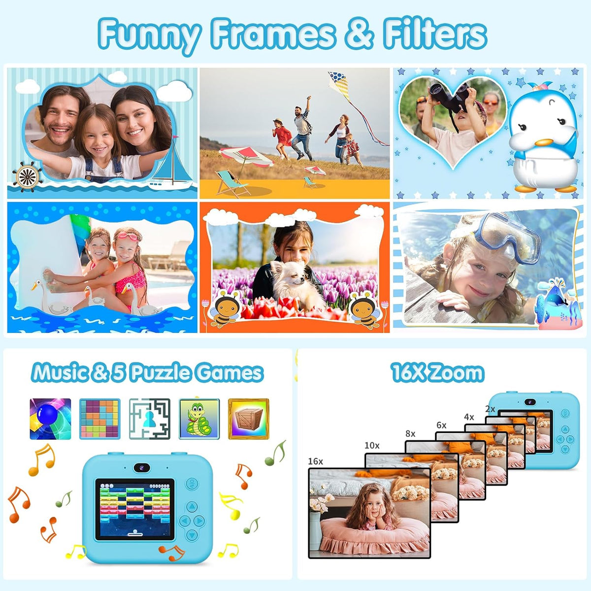 ASTGMI Children's Instant Camera, 2.4 Inch 1080P Children's Selfie Camera with Printing Paper and 32GB Card, Toy Christmas Gift Child and Girl 3 4 5 6 7 8 Years (Blue)