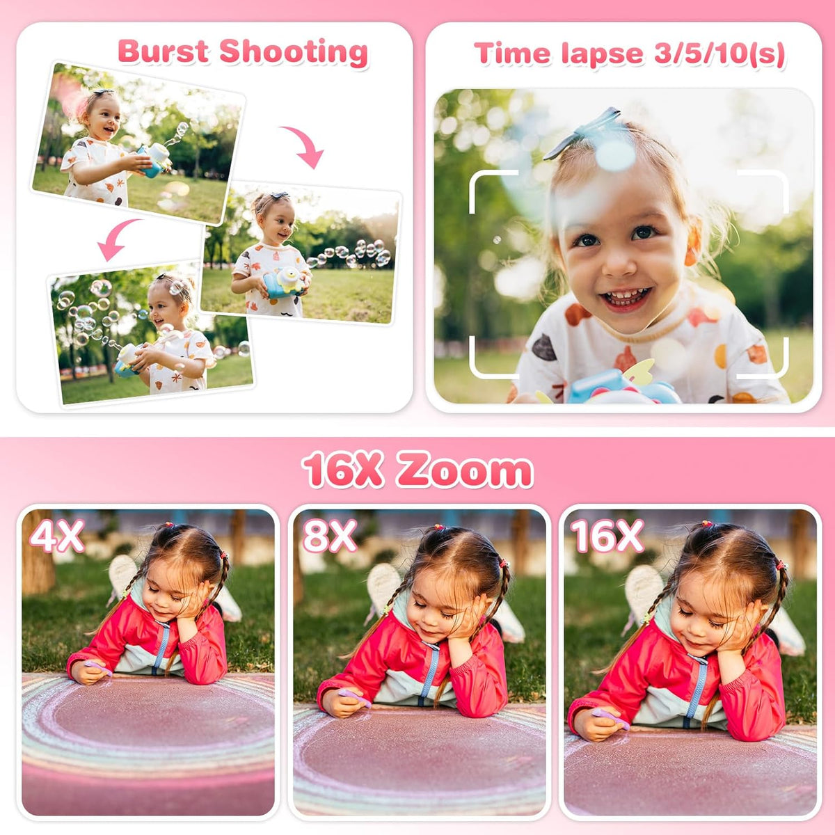 ASTGMI Children's Instant Camera, 2.4 Inch 1080P Children's Selfie Camera with Printing Paper and 32GB Card, Toy Christmas Gift Child and Girl 3 4 5 6 7 8 Years (Pink)