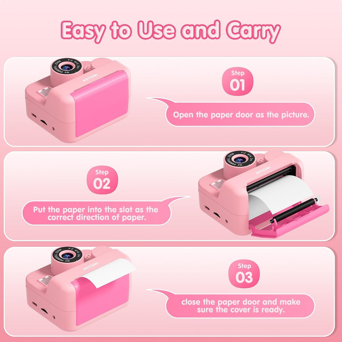 ASTGMI Children's Instant Camera, 2.4 Inch 1080P Children's Selfie Camera with Printing Paper and 32GB Card, Toy Christmas Gift Child and Girl 3 4 5 6 7 8 Years (Pink)