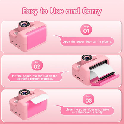 ASTGMI Children's Instant Camera, 2.4 Inch 1080P Children's Selfie Camera with Printing Paper and 32GB Card, Toy Christmas Gift Child and Girl 3 4 5 6 7 8 Years (Pink)