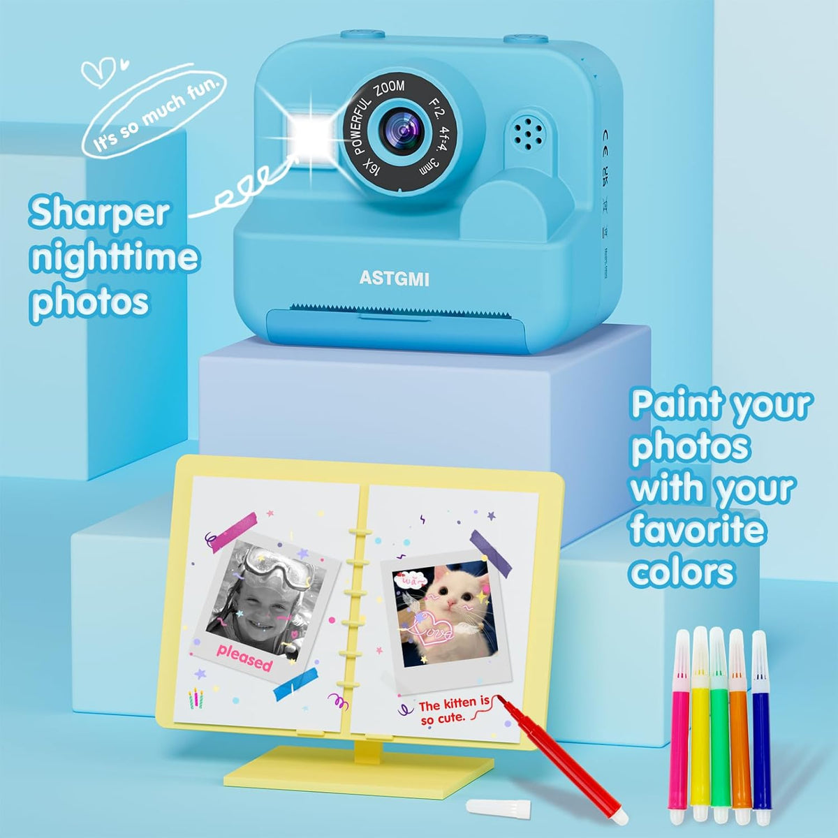 ASTGMI Children's Instant Camera, 2.4 Inch 1080P Children's Selfie Camera with Printing Paper and 32GB Card, Toy Christmas Gift Child and Girl 3 4 5 6 7 8 Years (Blue)