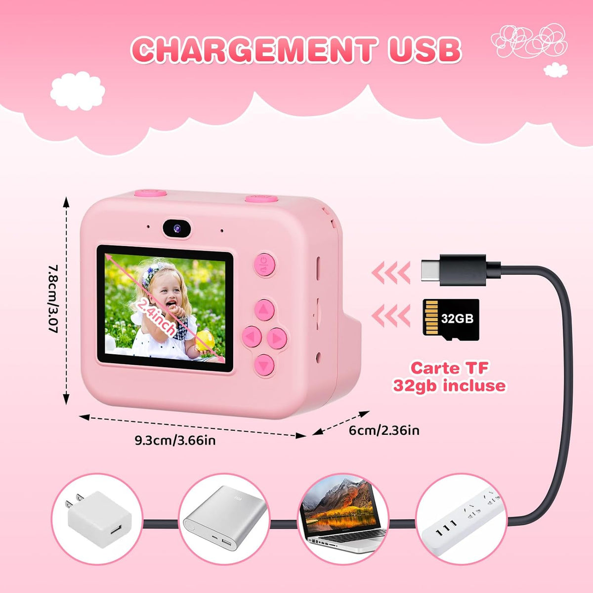 ASTGMI Children's Instant Camera, 2.4 Inch 1080P Children's Selfie Camera with Printing Paper and 32GB Card, Toy Christmas Gift Child and Girl 3 4 5 6 7 8 Years (Pink)