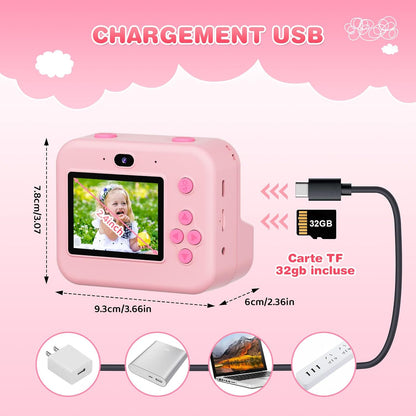 ASTGMI Children's Instant Camera, 2.4 Inch 1080P Children's Selfie Camera with Printing Paper and 32GB Card, Toy Christmas Gift Child and Girl 3 4 5 6 7 8 Years (Pink)