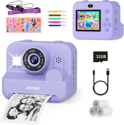 Kids Instant Print Selfie Camera for Girls,1080P HD Digital Camera for Kids with Print Paper & 32GB Card, Christmas Birthday Gifts Kids Toys for 3-12 Years Old