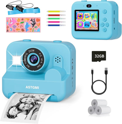 Kids Instant Print Selfie Camera for Girls,1080P HD Digital Camera for Kids with Print Paper & 32GB Card, Christmas Birthday Gifts Kids Toys for 3-12 Years Old