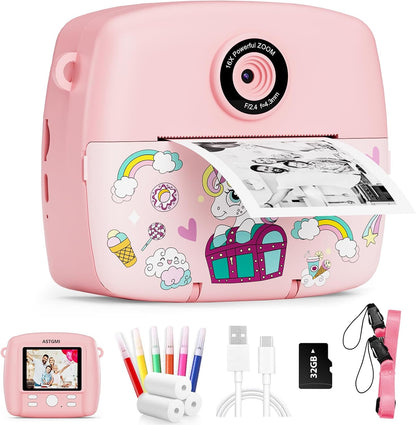 Kids Camera Instant Print, 1080P HD Digital Instant Camera for Kids with Color Pens, 3 Rolls Print Paper, Girls Birthday Gifts Toys for 3 4 5 6 7 8 9+ Year Old