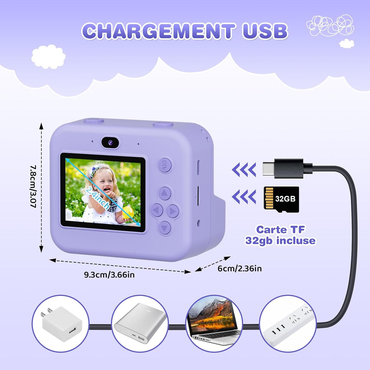 ASTGMI Children's Instant Camera, 2.4 Inch 1080P Children's Selfie Camera with Printing Paper and 32GB Card, Toy Christmas Gift Child and Girl 3 4 5 6 7 8 Years (Purple)