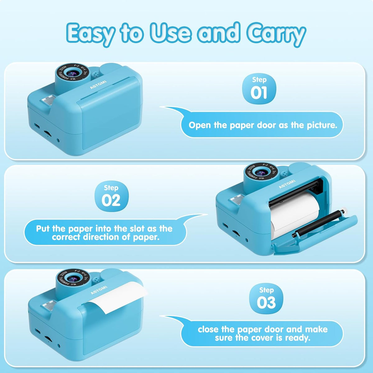 ASTGMI Children's Instant Camera, 2.4 Inch 1080P Children's Selfie Camera with Printing Paper and 32GB Card, Toy Christmas Gift Child and Girl 3 4 5 6 7 8 Years (Blue)