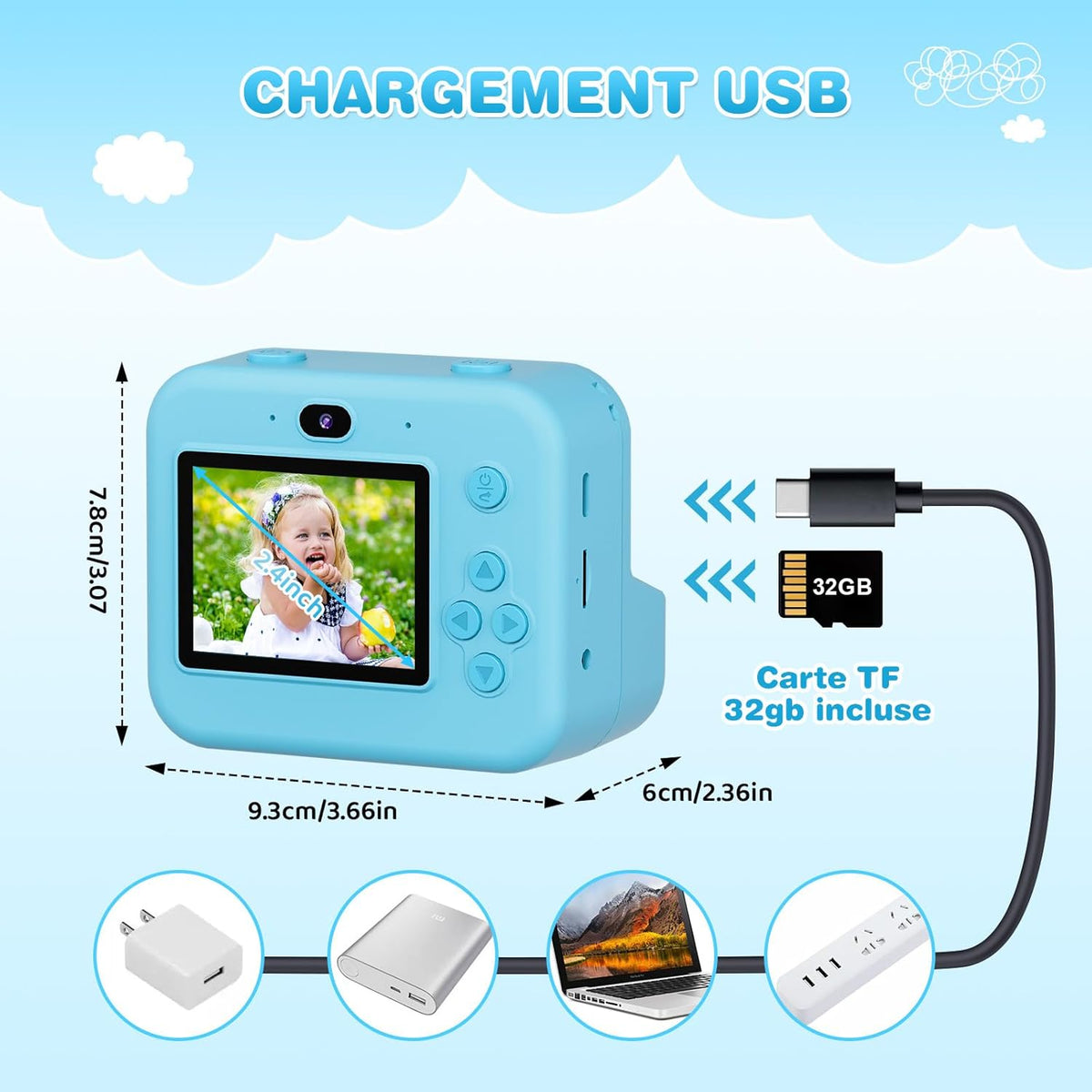 ASTGMI Children's Instant Camera, 2.4 Inch 1080P Children's Selfie Camera with Printing Paper and 32GB Card, Toy Christmas Gift Child and Girl 3 4 5 6 7 8 Years (Blue)