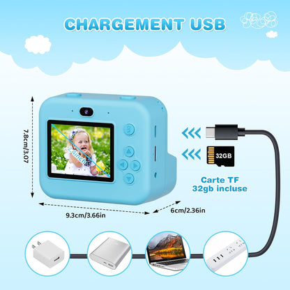 ASTGMI Children's Instant Camera, 2.4 Inch 1080P Children's Selfie Camera with Printing Paper and 32GB Card, Toy Christmas Gift Child and Girl 3 4 5 6 7 8 Years (Blue)
