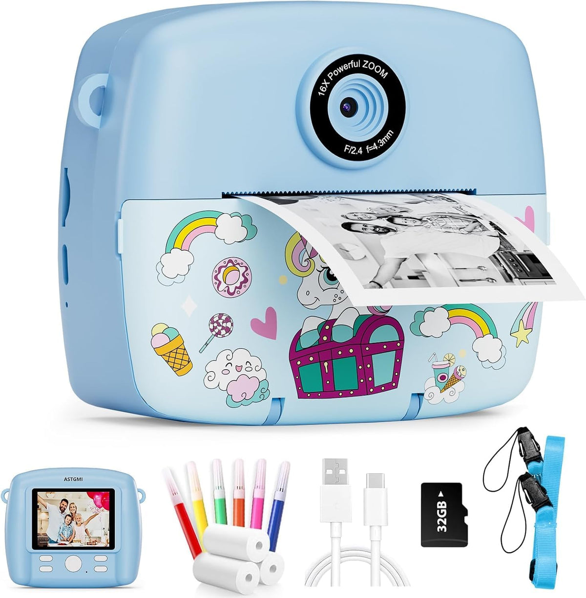 Kids Camera Instant Print, 1080P HD Digital Instant Camera for Kids with Color Pens, 3 Rolls Print Paper, Girls Birthday Gifts Toys for 3 4 5 6 7 8 9+ Year Old