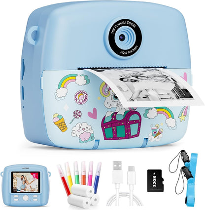 Kids Camera Instant Print, 1080P HD Digital Instant Camera for Kids with Color Pens, 3 Rolls Print Paper, Girls Birthday Gifts Toys for 3 4 5 6 7 8 9+ Year Old